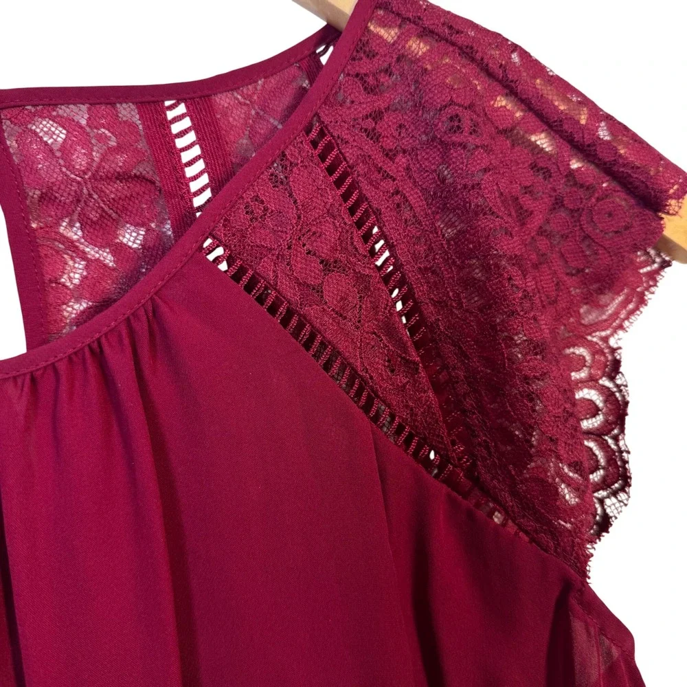 WHBM 100%‎ Silk Top XS Tunic Length Burgundy Delicate Lace Cap Sleeve Keyhole